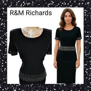 Formal Long Black Velvet Beaded Long Gown Maxi Dress Designer R&M Richards